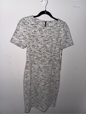 Calvin Klein Black and White Tweed Midi Sheath Dress